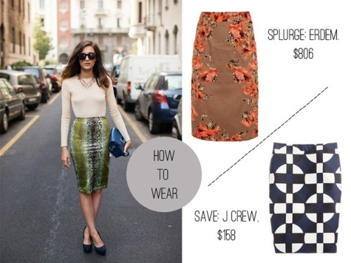 fashion blogger wearing printed pencil skirt